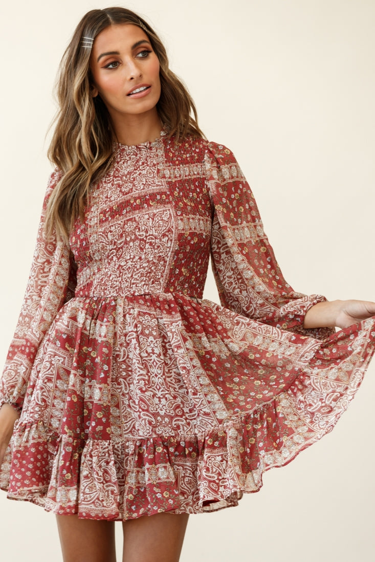 Marja Long Balloon Sleeve Shirred Dress Paisley Print Burgundy by Selfie Leslie