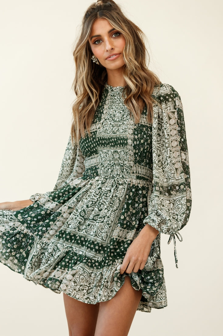 Marja Long Balloon Sleeve Shirred Dress Paisley Print Forest Green by Selfie Leslie