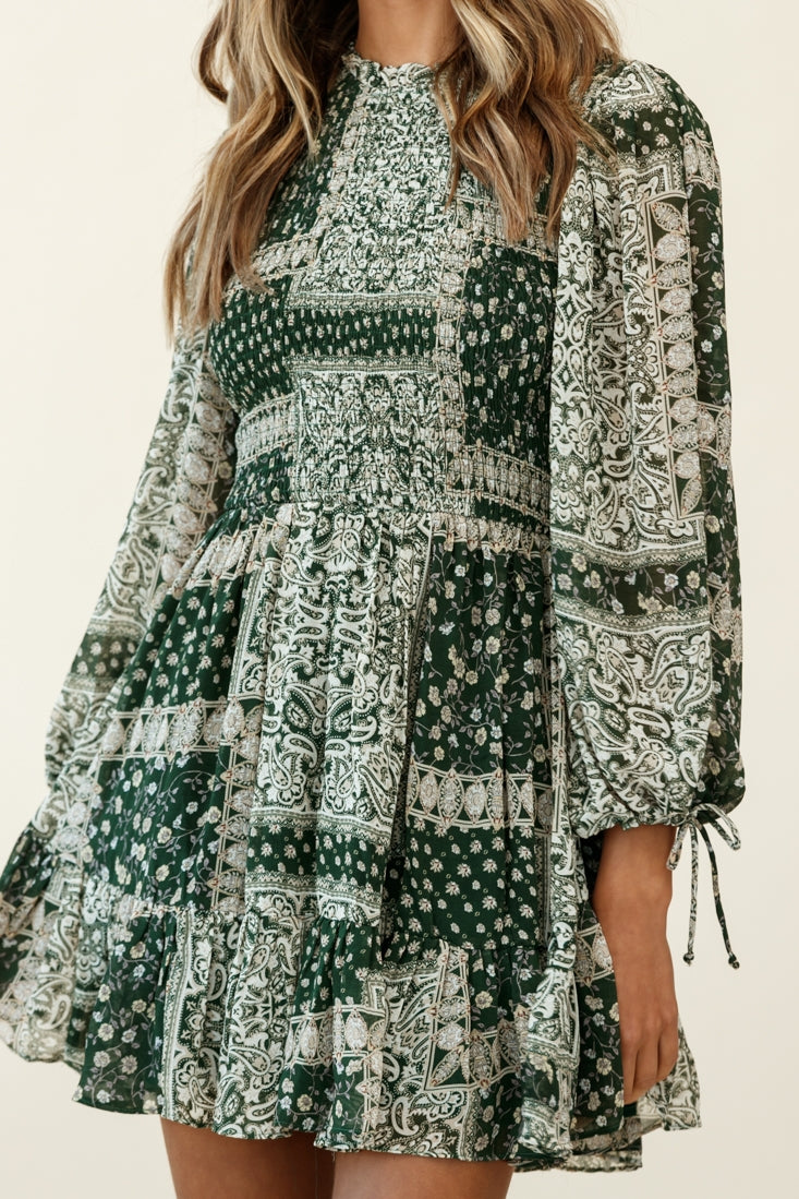 Marja Long Balloon Sleeve Shirred Dress Paisley Print Forest Green by Selfie Leslie