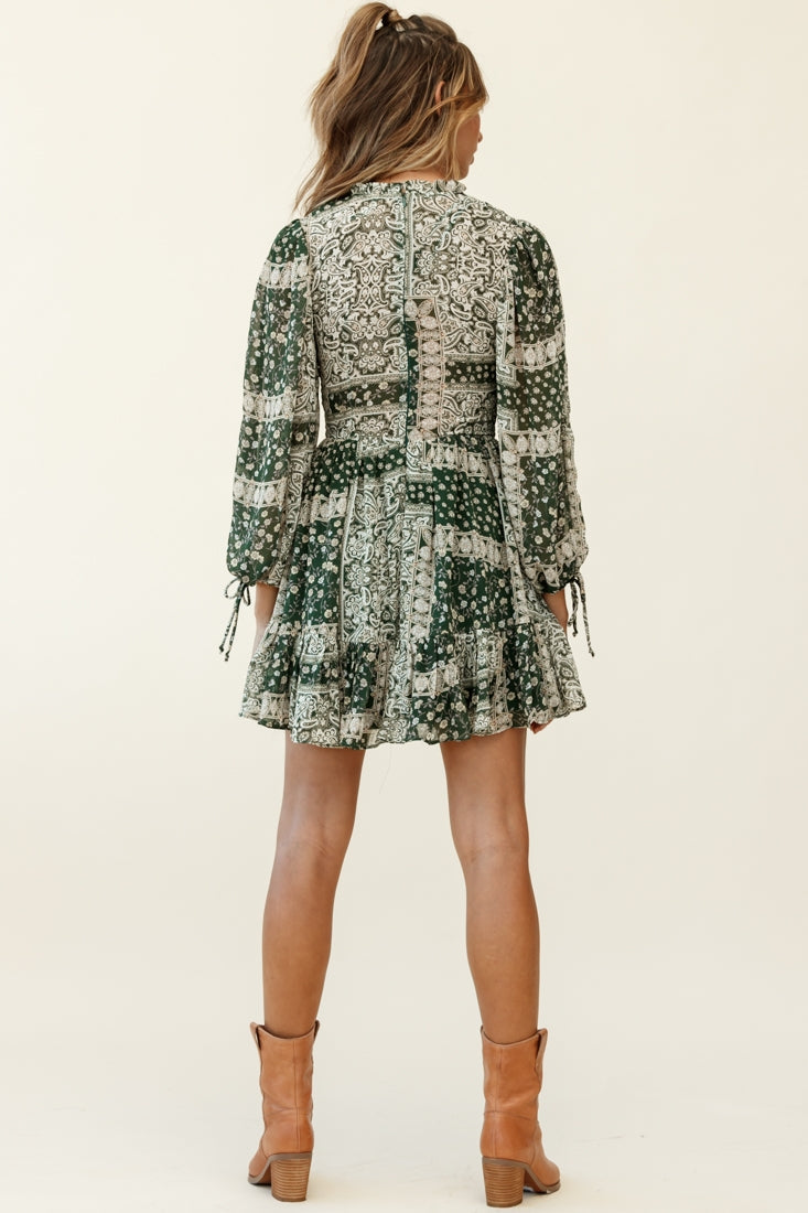 Marja Long Balloon Sleeve Shirred Dress Paisley Print Forest Green by Selfie Leslie