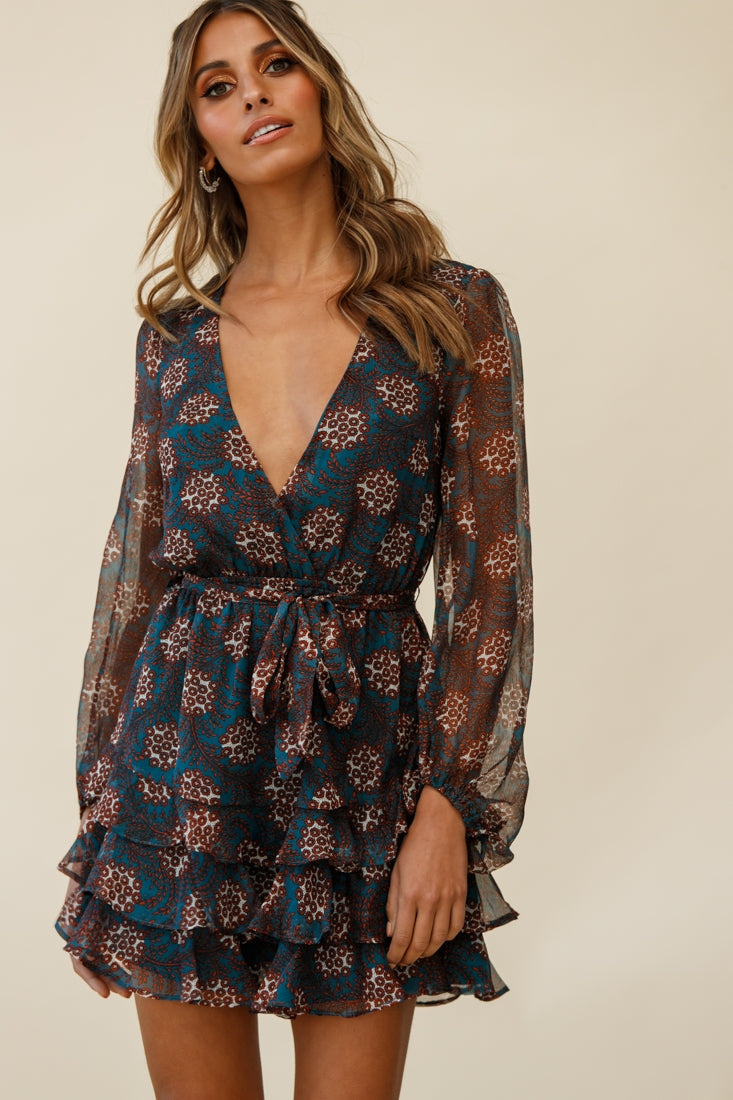 Starlight Balloon Sleeve Layered Frill Dress Floral Print Teal by Selfie Leslie