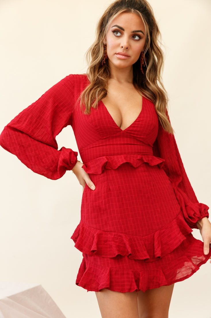 Queenie Long Balloon Sleeve Ruffle Trim Dress Wine by Selfie Leslie