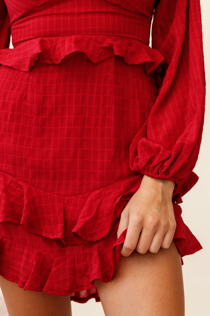 Queenie Long Balloon Sleeve Ruffle Trim Dress Wine by Selfie Leslie