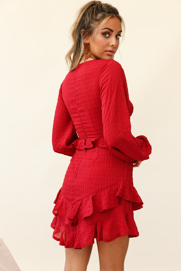 Queenie Long Balloon Sleeve Ruffle Trim Dress Wine by Selfie Leslie