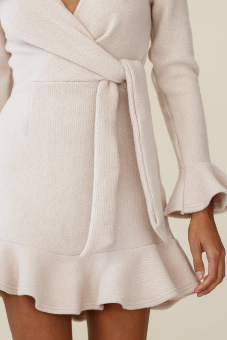 Shalini Flared Cuff Surplice Neckline Knit Dress Beige by Selfie Leslie
