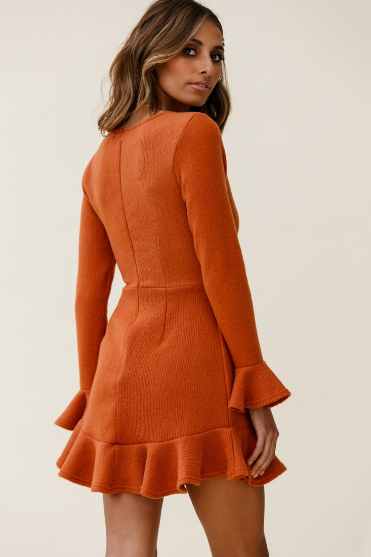 Shalini Flared Cuff Surplice Neckline Knit Dress Rust by Selfie Leslie
