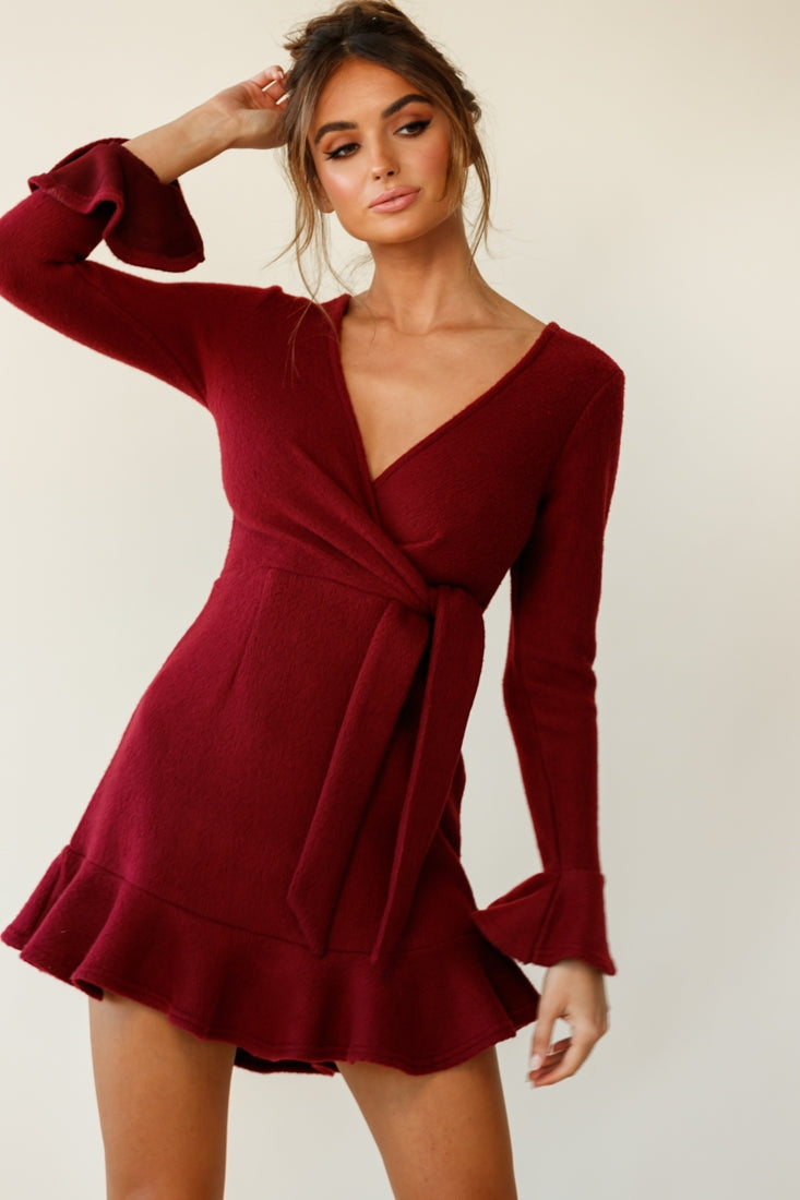 Shalini Flared Cuff Surplice Neckline Knit Dress Wine by Selfie Leslie