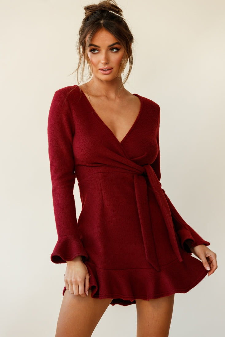 Shalini Flared Cuff Surplice Neckline Knit Dress Wine by Selfie Leslie