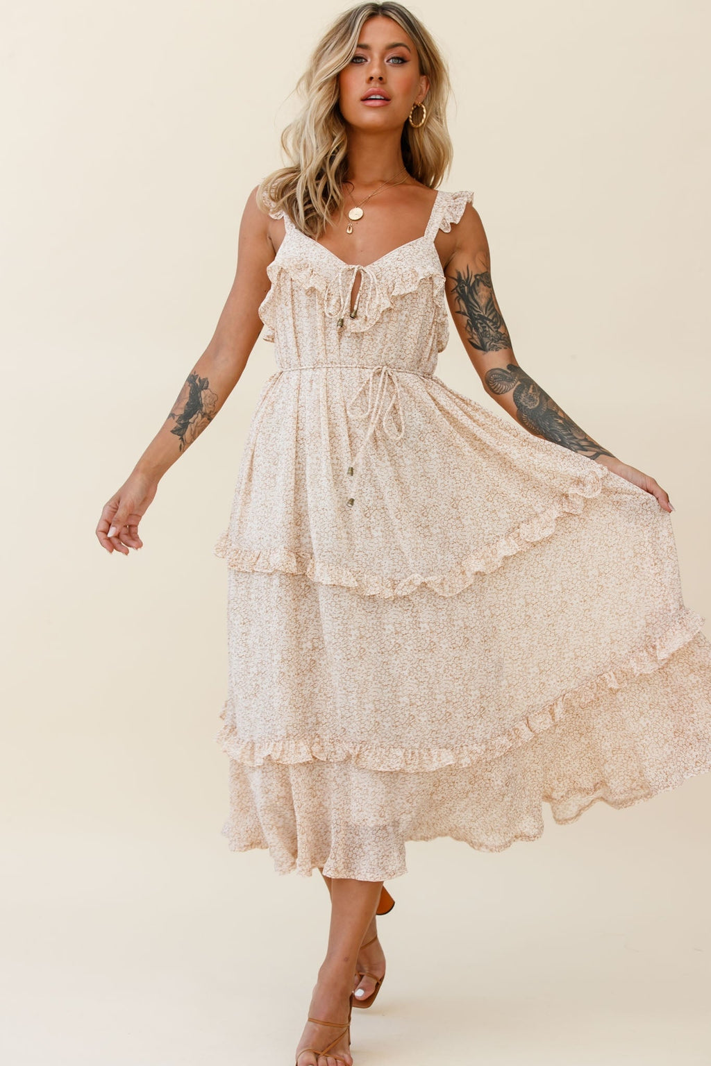 Priscilla Frill Detail Maxi Dress Floral Print Beige by Selfie Leslie