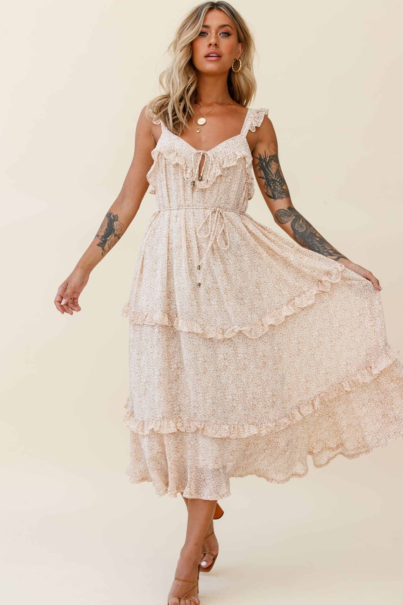 Priscilla Frill Detail Maxi Dress Floral Print Beige by Selfie Leslie
