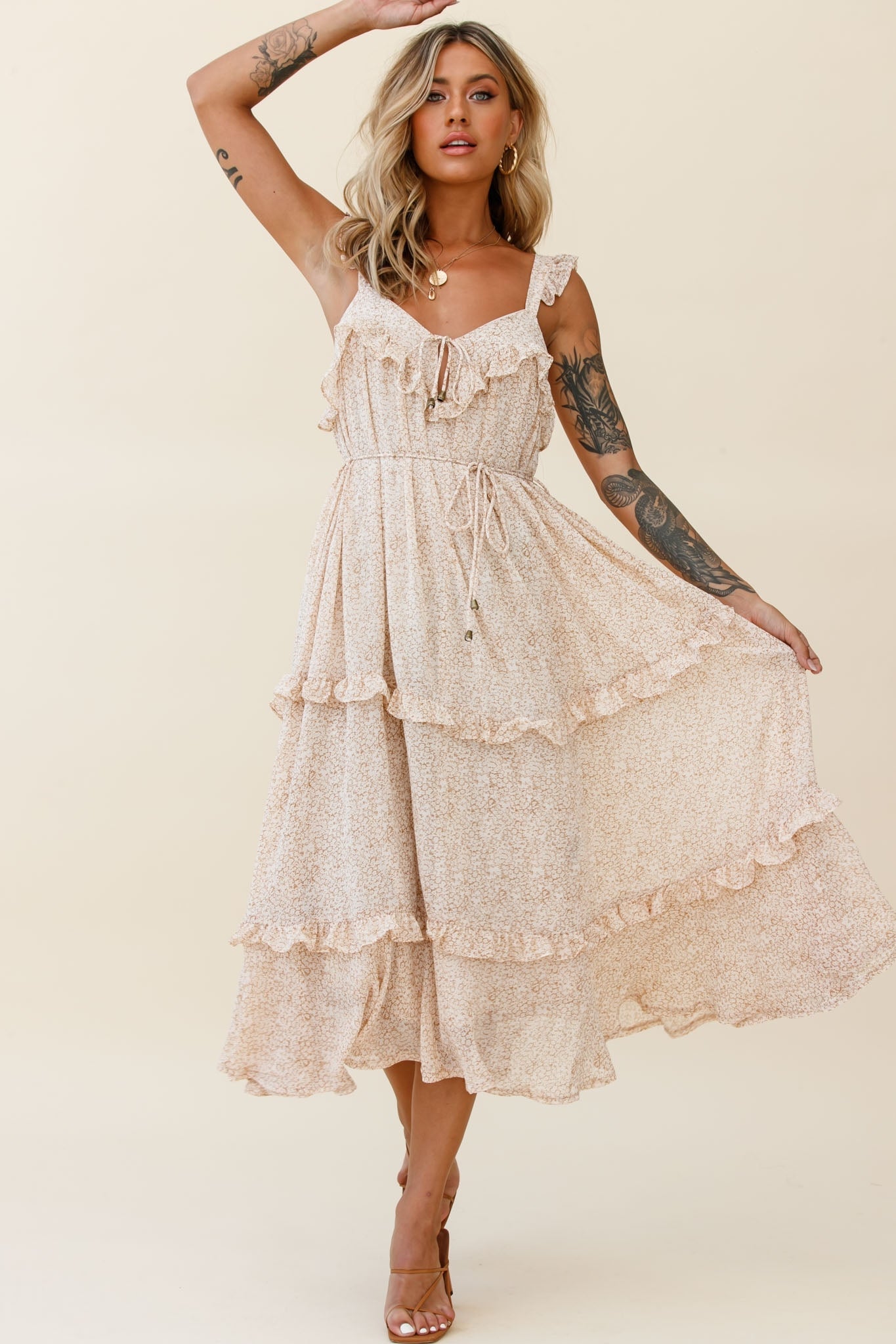 Priscilla Frill Detail Maxi Dress Floral Print Beige by Selfie Leslie