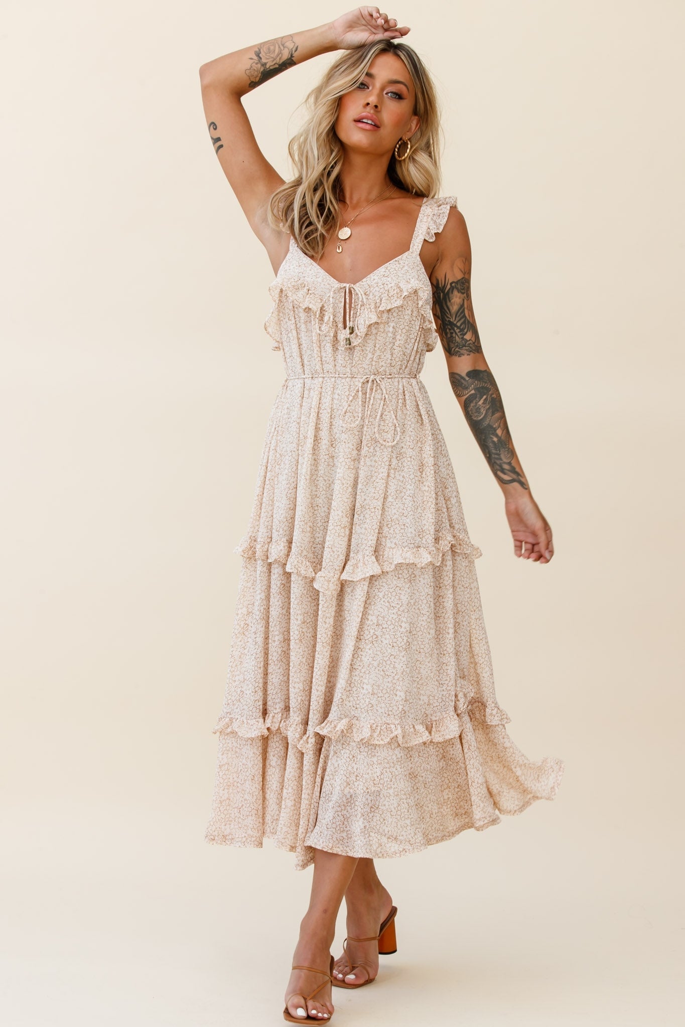 Priscilla Frill Detail Maxi Dress Floral Print Beige by Selfie Leslie