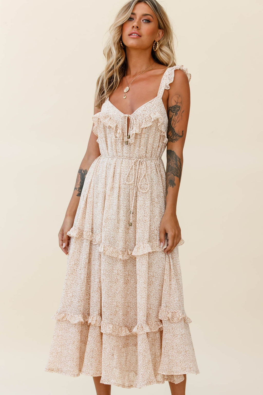 Priscilla Frill Detail Maxi Dress Floral Print Beige by Selfie Leslie