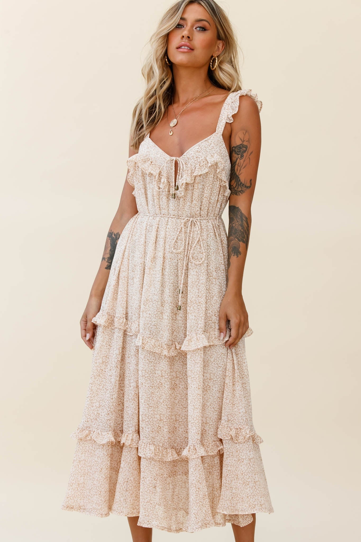 Priscilla Frill Detail Maxi Dress Floral Print Beige by Selfie Leslie