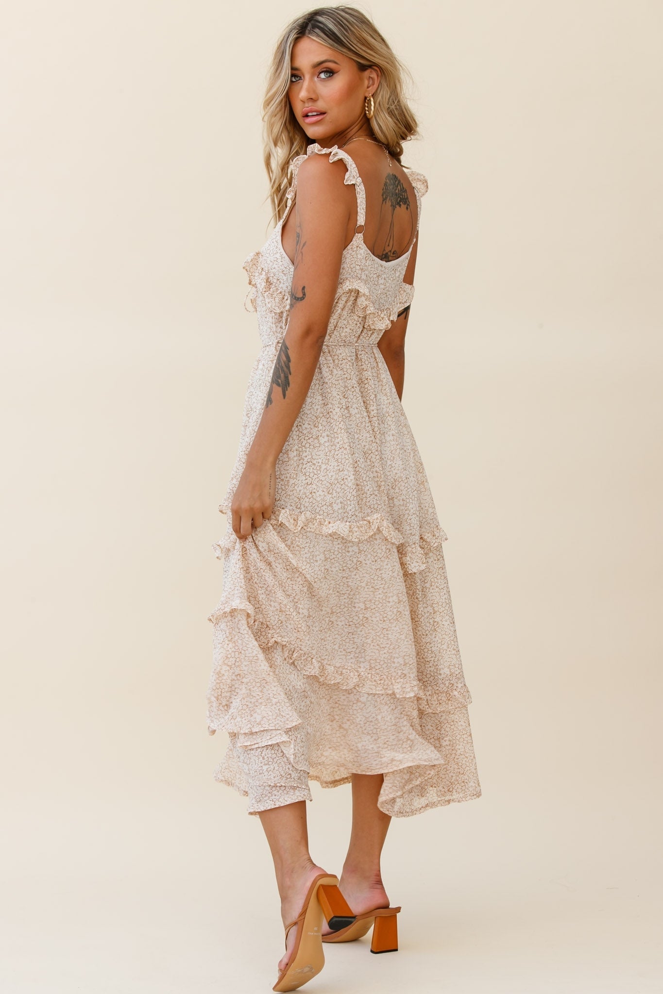 Priscilla Frill Detail Maxi Dress Floral Print Beige by Selfie Leslie