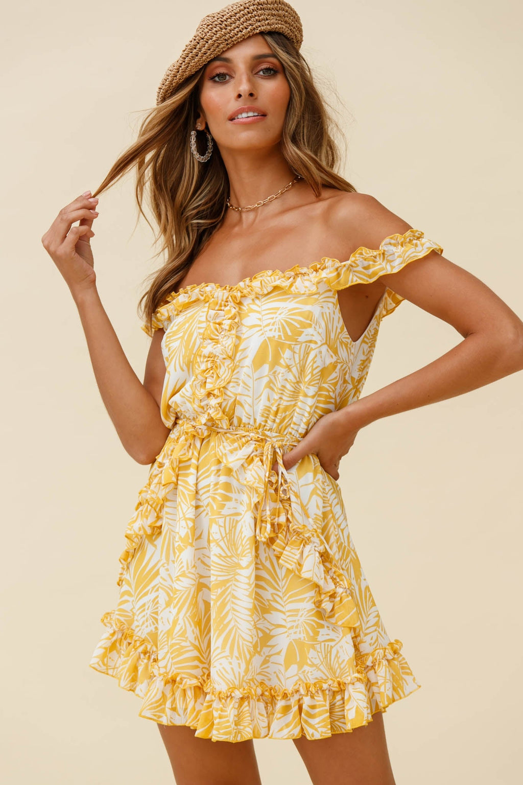 Sail Away Off-Shoulder Frill Accent Dress Tropical Print Yellow by Selfie Leslie