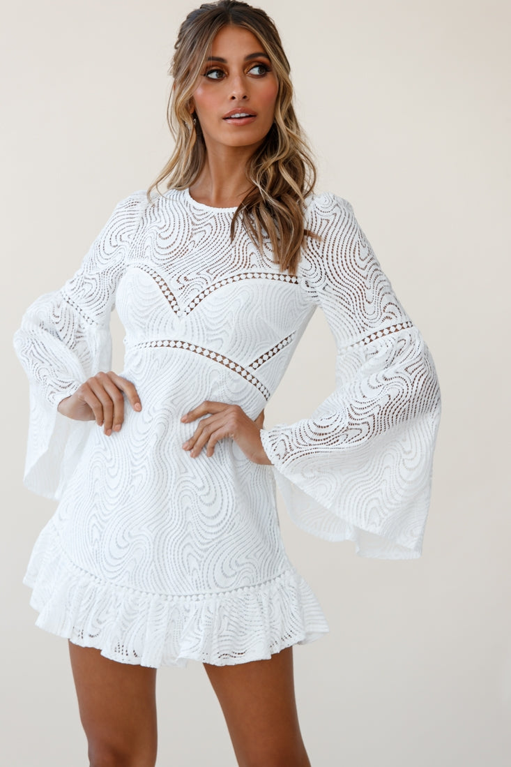 Sky High Long Bell Sleeve Crochet Embroidery Dress White by Selfie Leslie