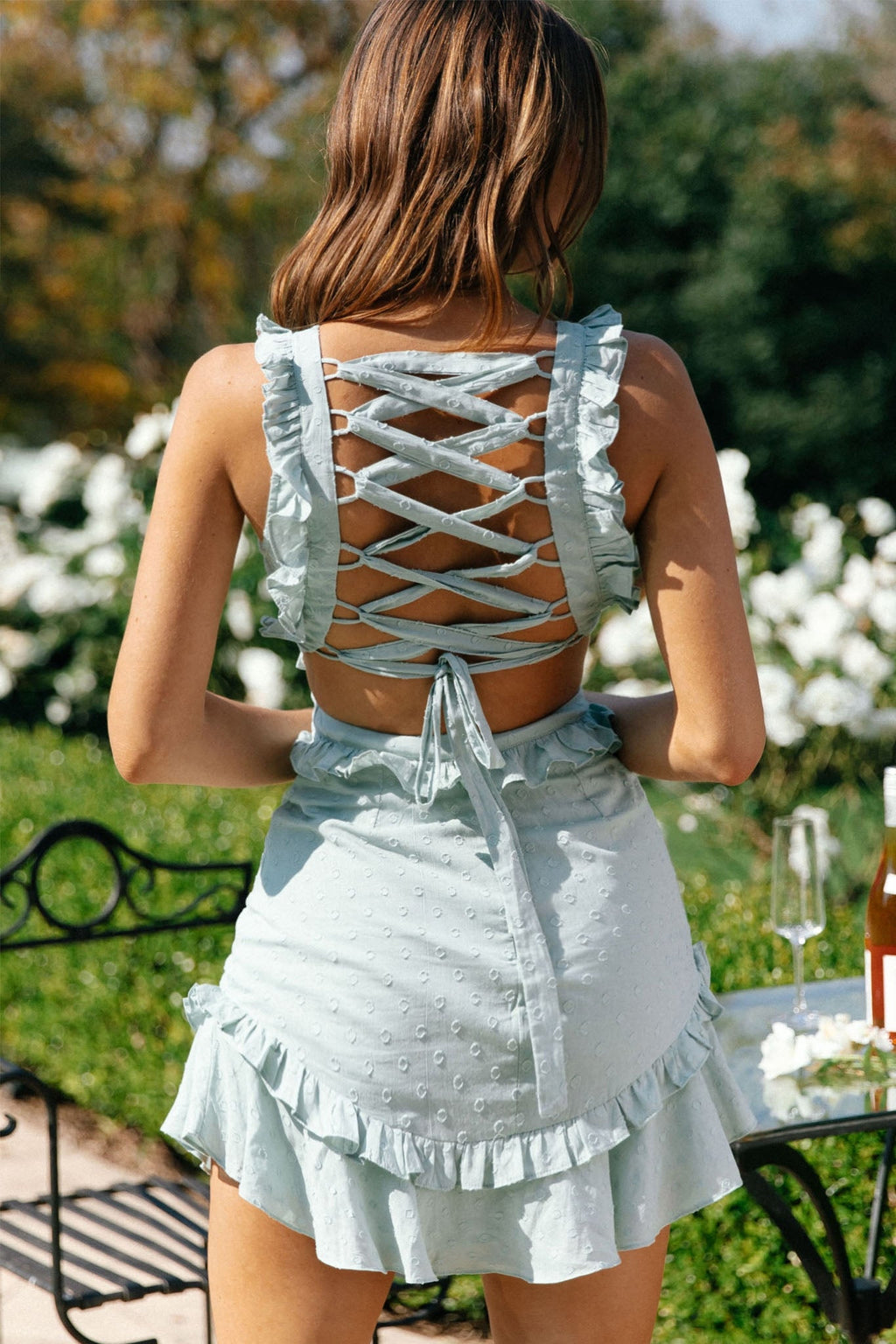 My Belle V-Neckline Lace-Up Back Frill Dress Mint by Selfie Leslie