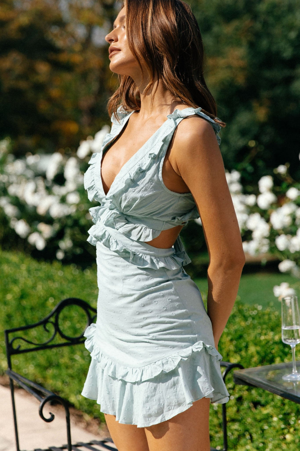 My Belle V-Neckline Lace-Up Back Frill Dress Mint by Selfie Leslie