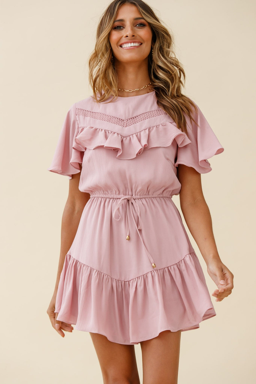 Forever Free Angel Sleeve Drawstring Waist Dress Blush by Selfie Leslie