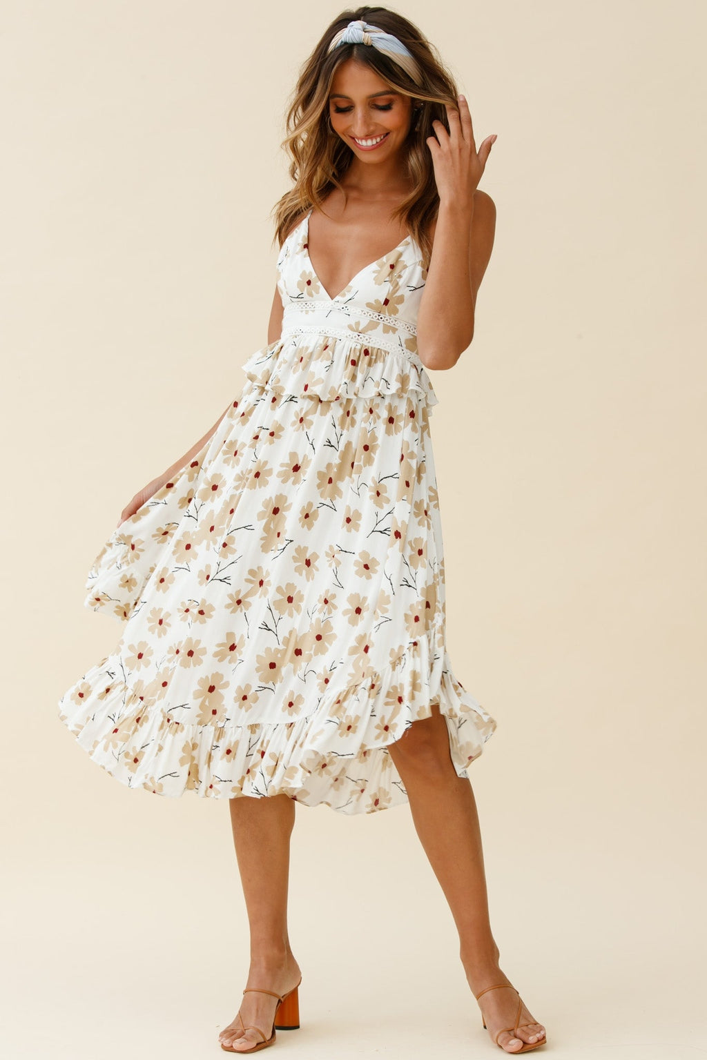 Marigold Peplum Midi Ruffle Dress Floral Print White by Selfie Leslie