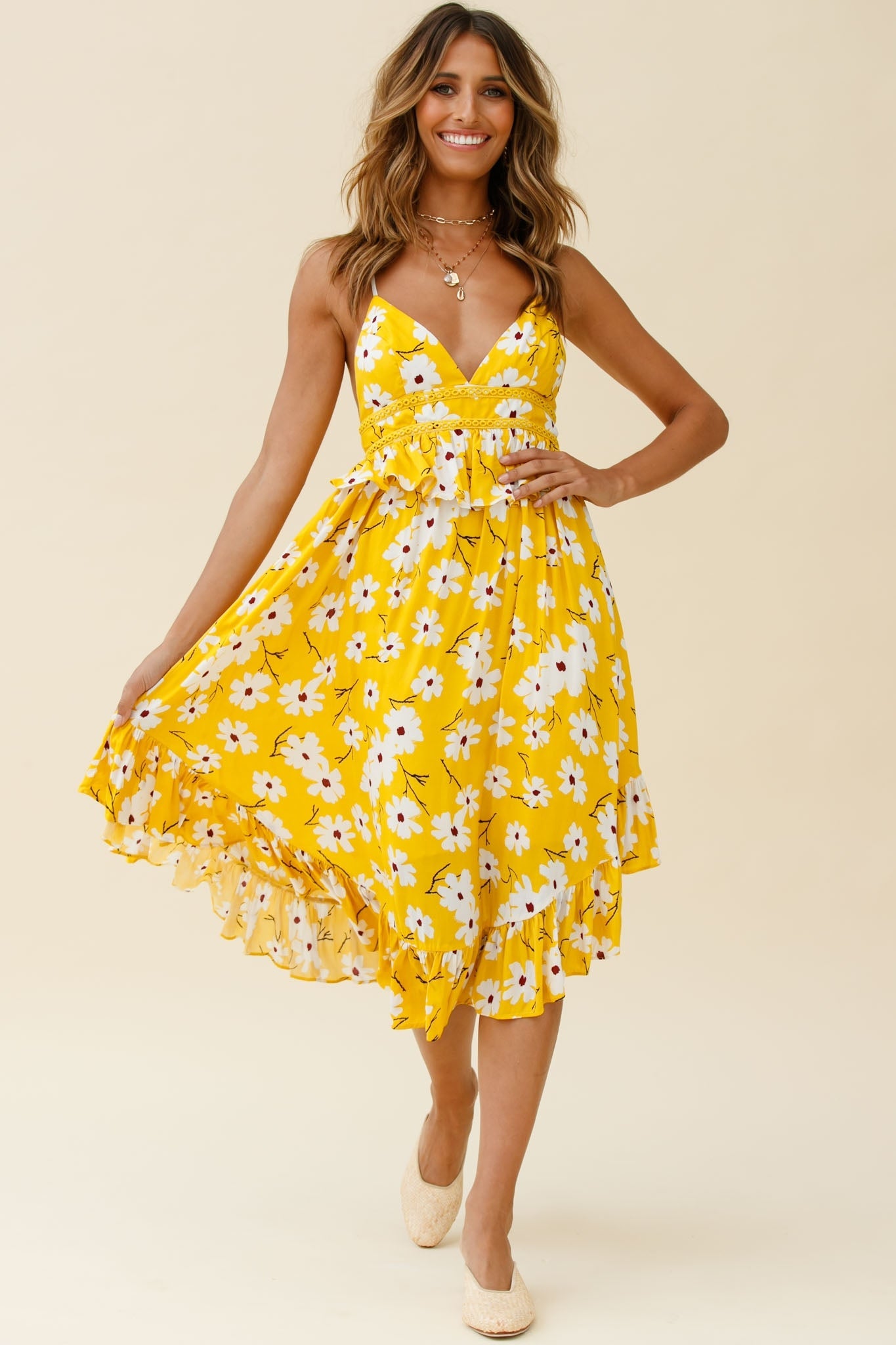 Marigold Peplum Midi Ruffle Dress Floral Print Yellow by Selfie Leslie