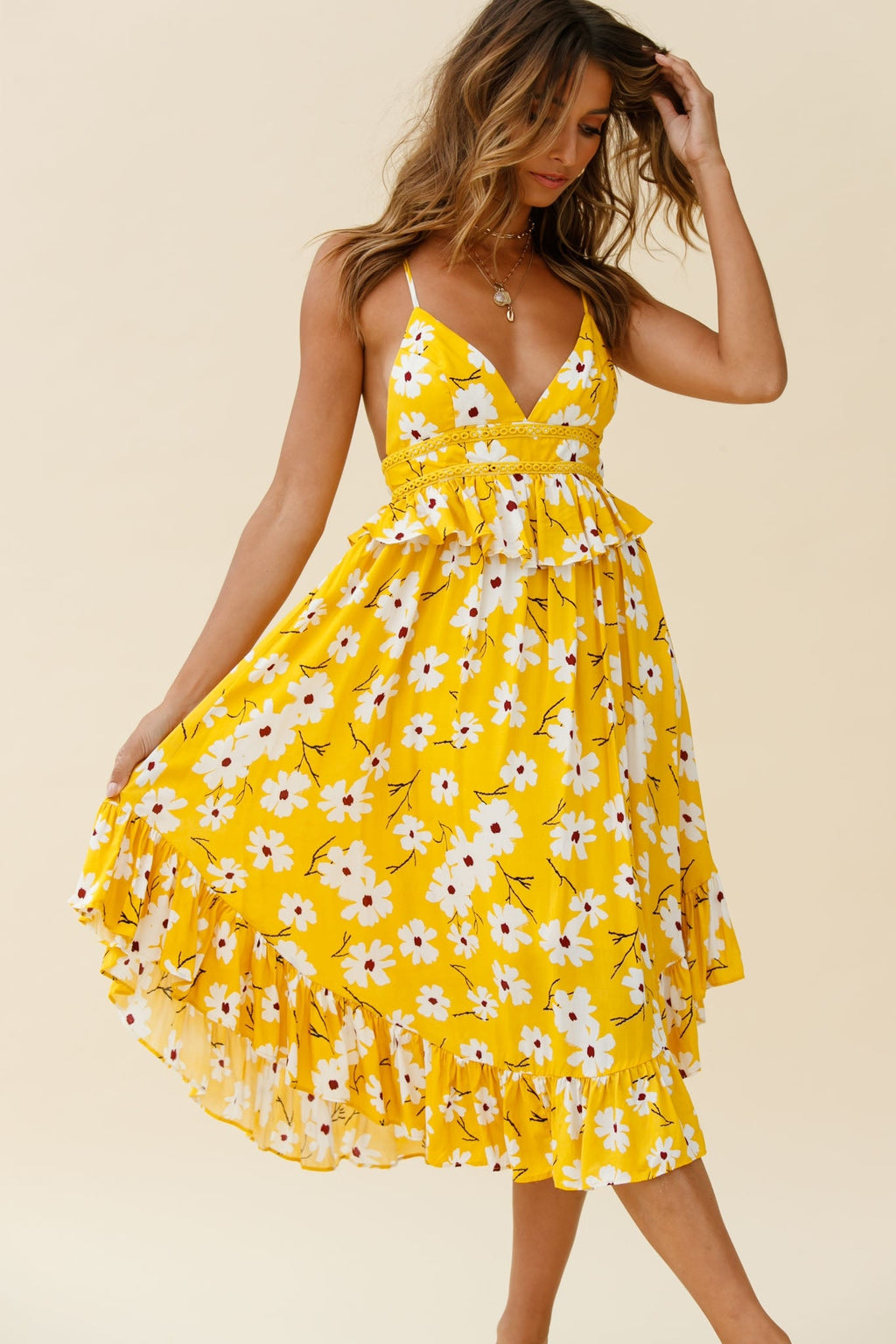 Marigold Peplum Midi Ruffle Dress Floral Print Yellow by Selfie Leslie