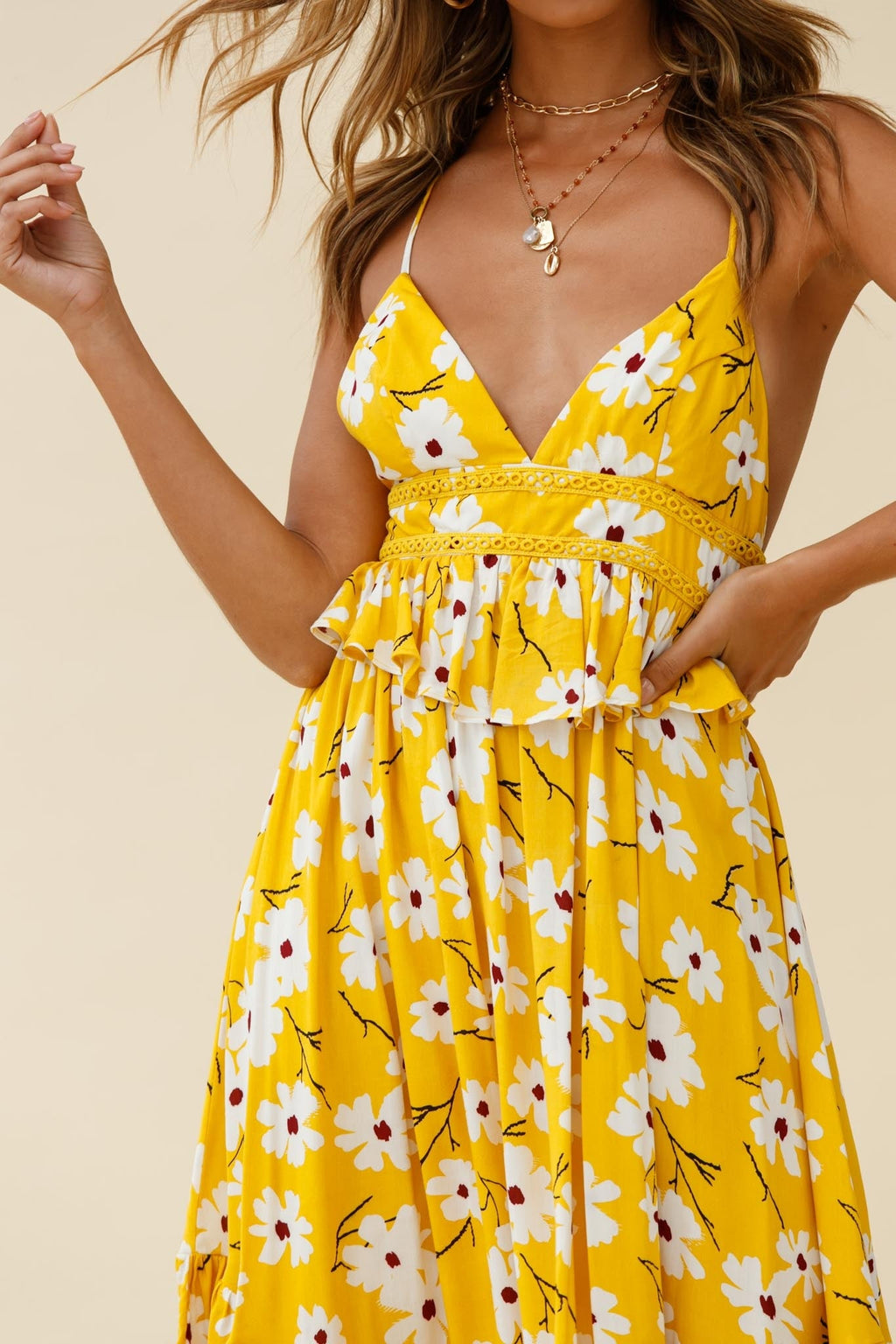 Marigold Peplum Midi Ruffle Dress Floral Print Yellow by Selfie Leslie
