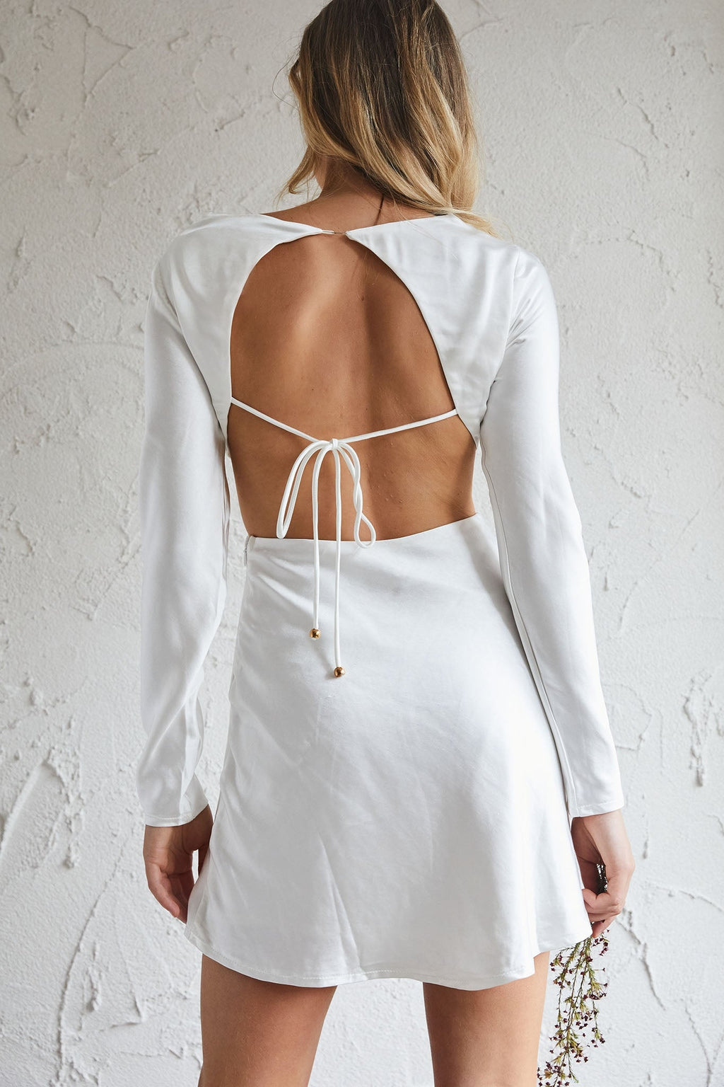 Northern Lights Long Sleeve Open Back Satin Mini Dress Ivory by Selfie Leslie