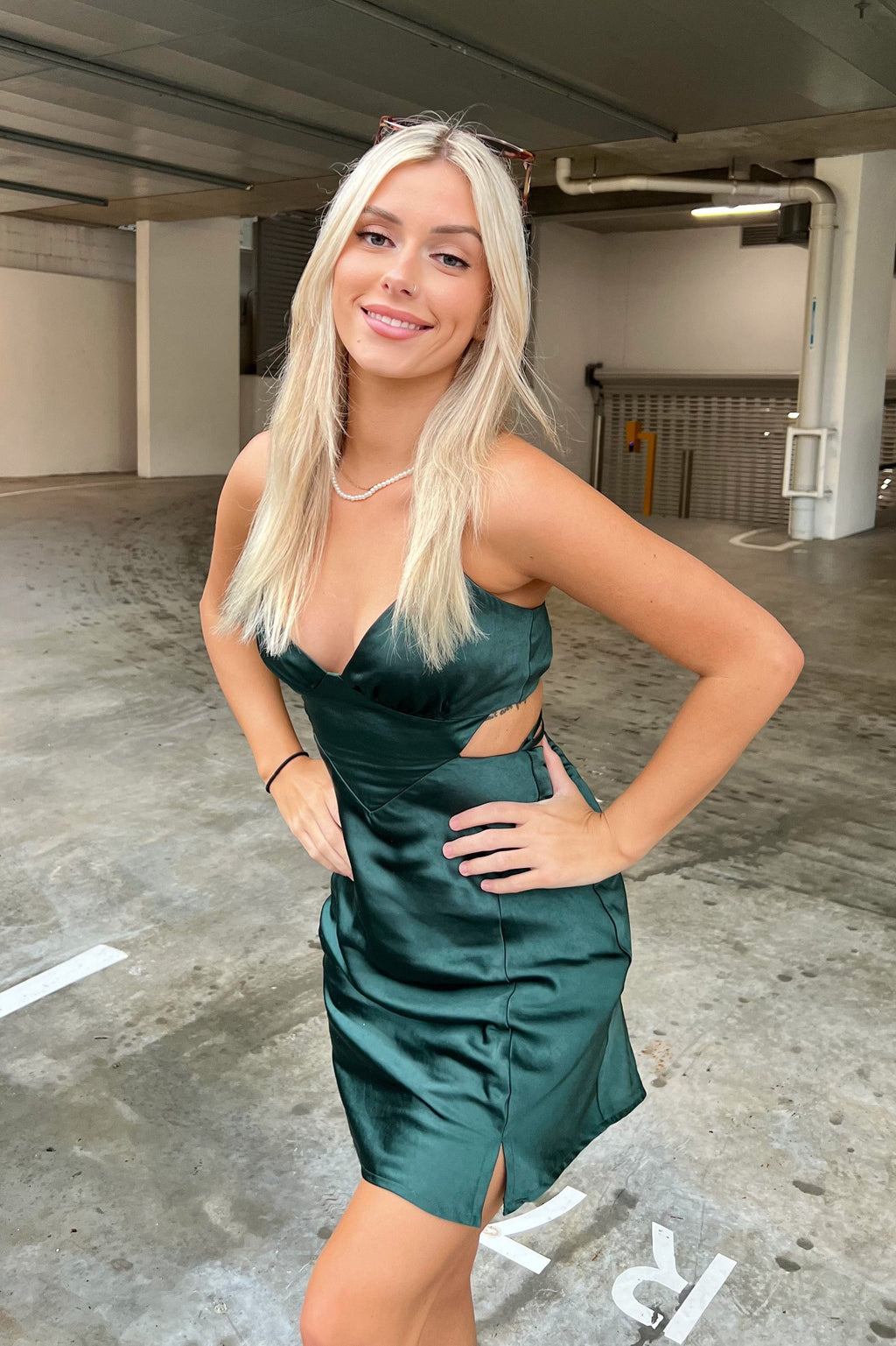 City Lights Cut-Out Waist Strappy Back Mini Dress Jade by Selfie Leslie