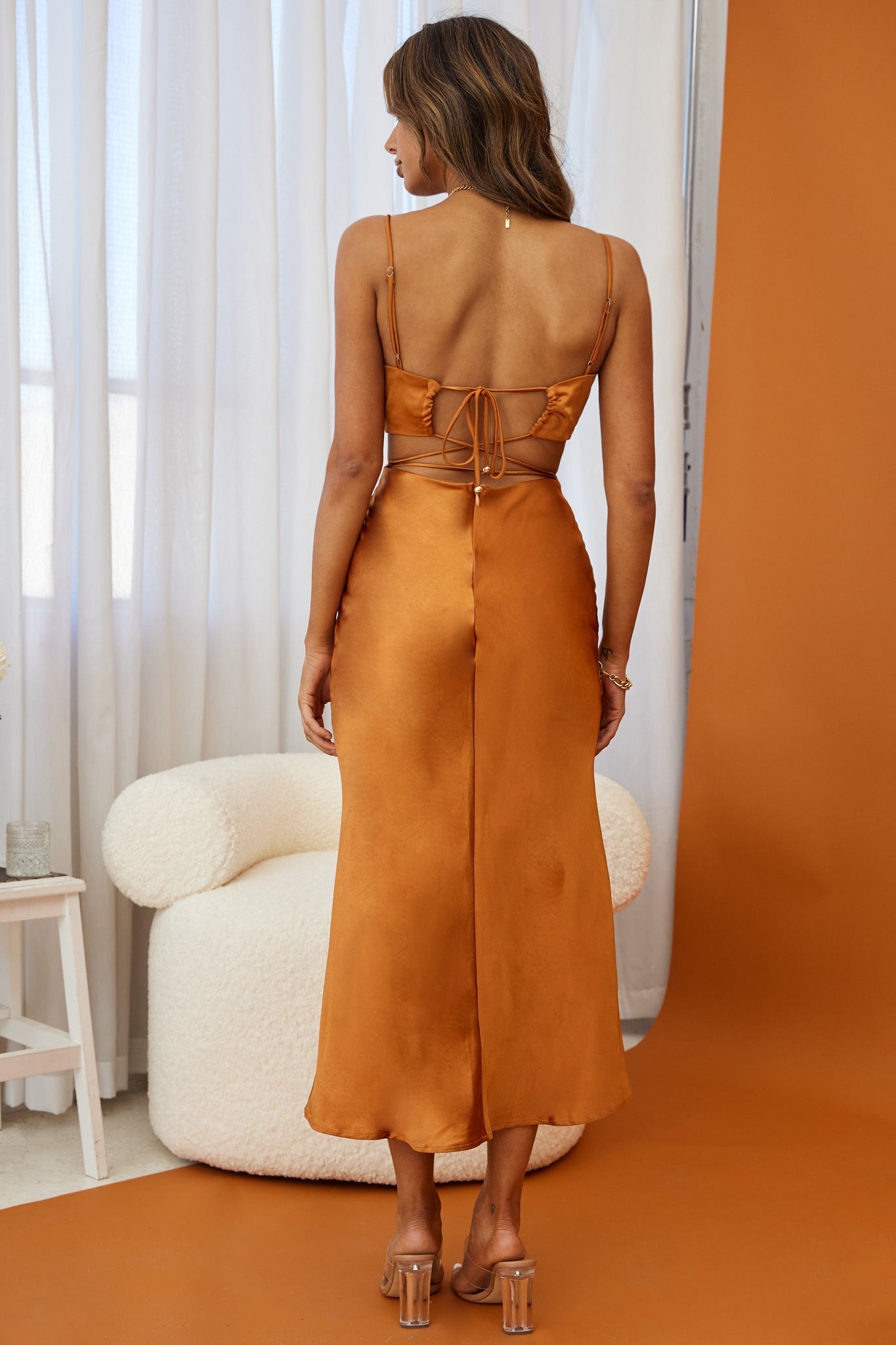 City Lights Cut-Out Waist Strappy Back Midi Dress Bronze by Selfie Leslie