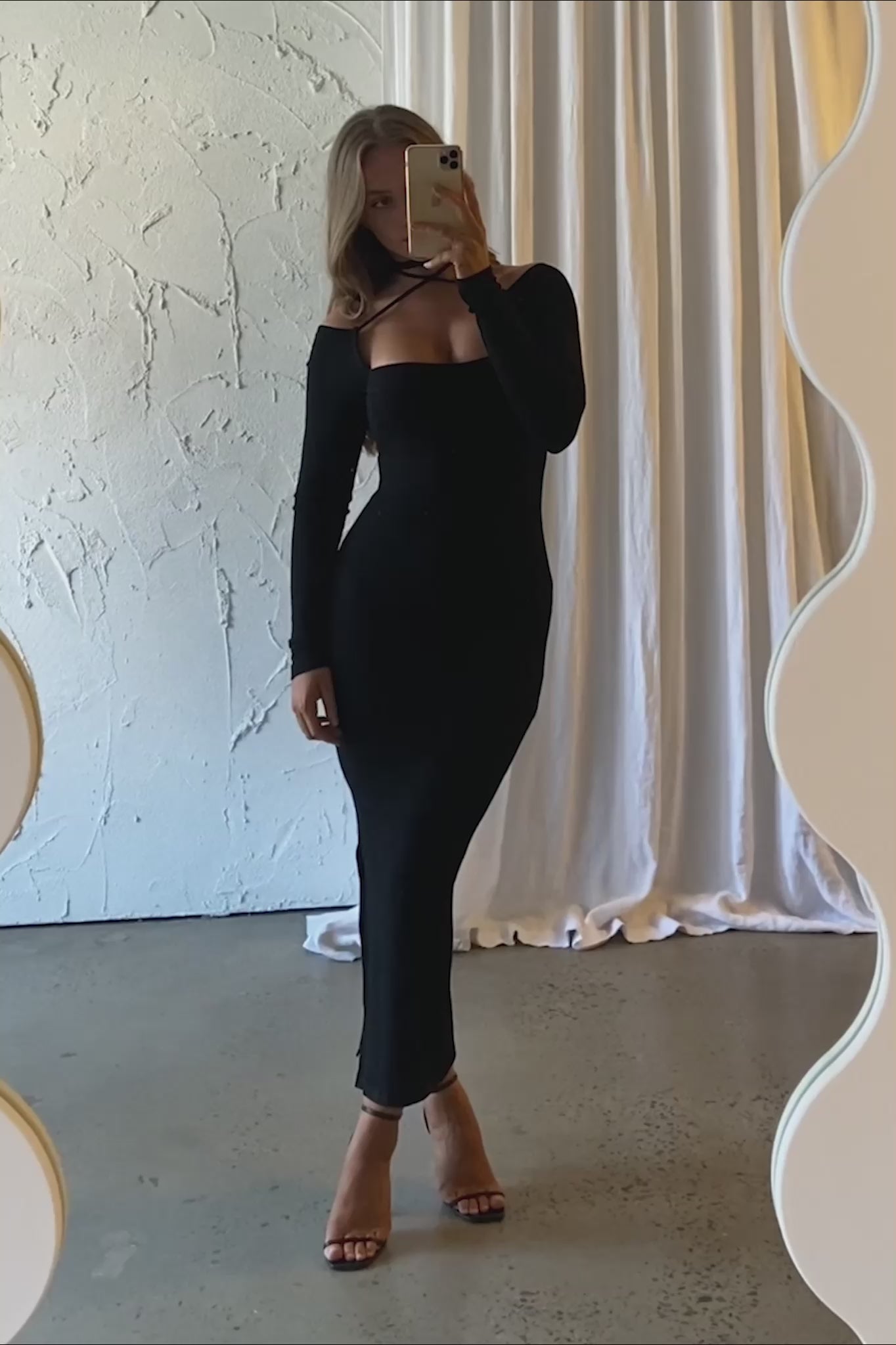 News Flash Long Sleeve Midi Dress Black