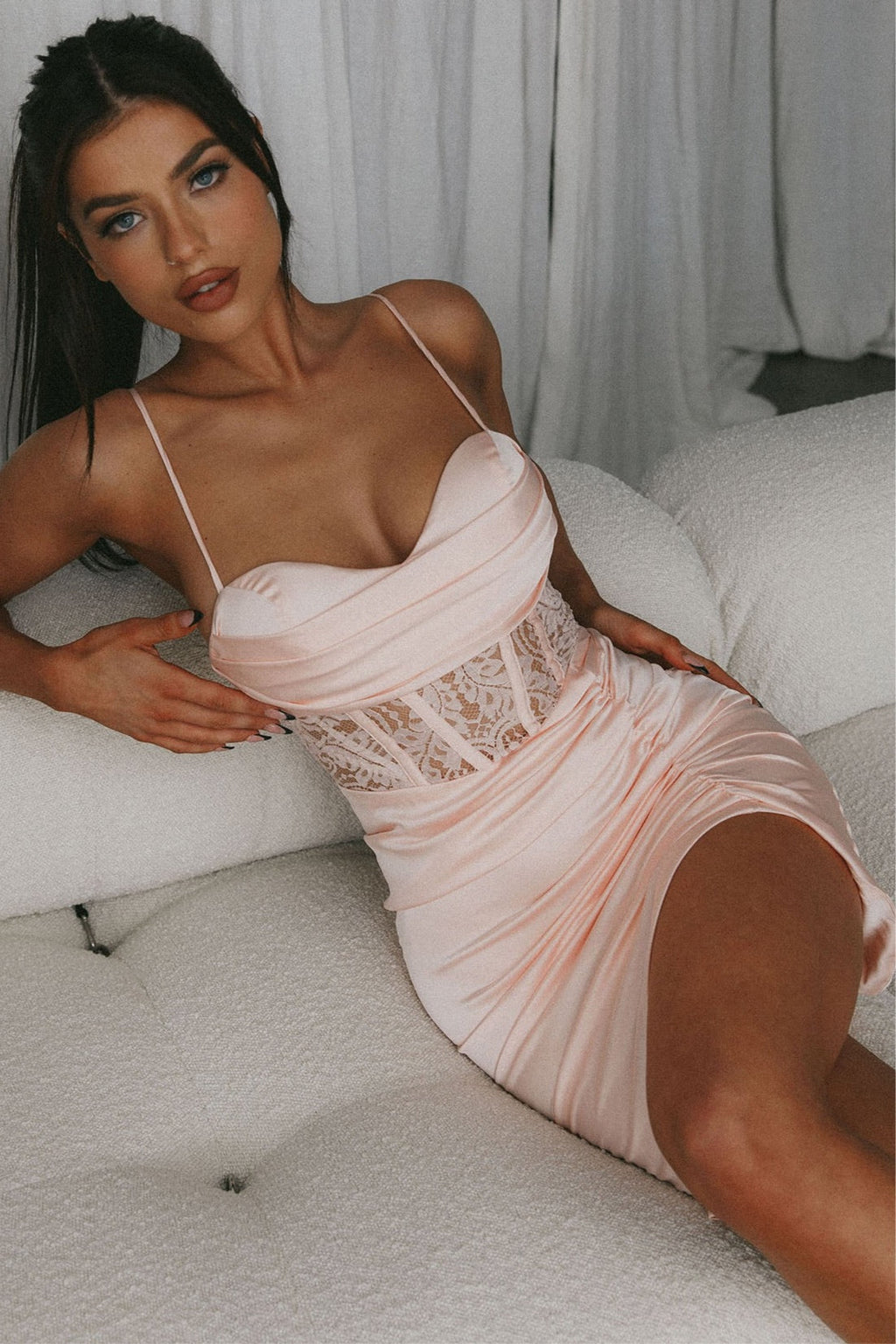 Tuscany Lace Bodice Ruched Dress Blush by Selfie Leslie