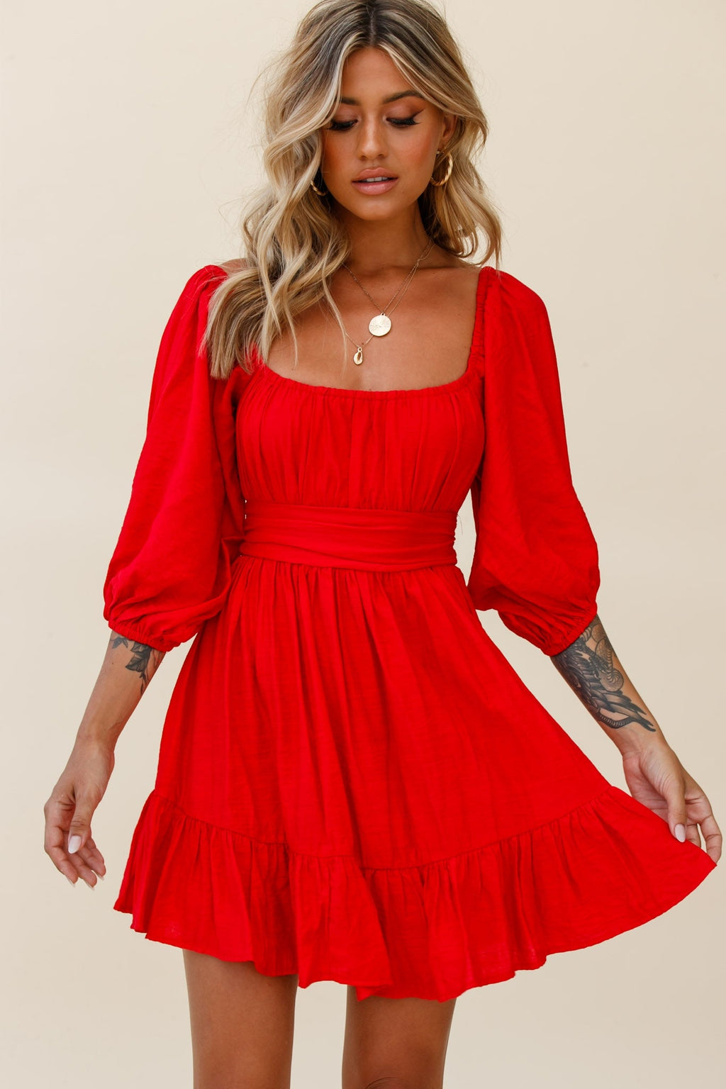 Abby Off-Shoulder Tie-Up Back Dress Red by Selfie Leslie