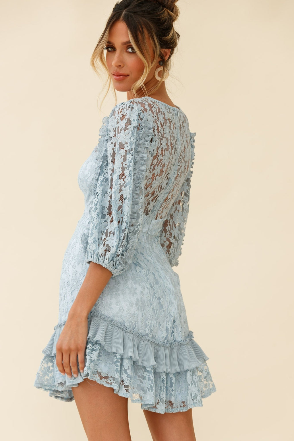 Home Again Three-Quarter Sleeve Lace Dress Blue by Selfie Leslie