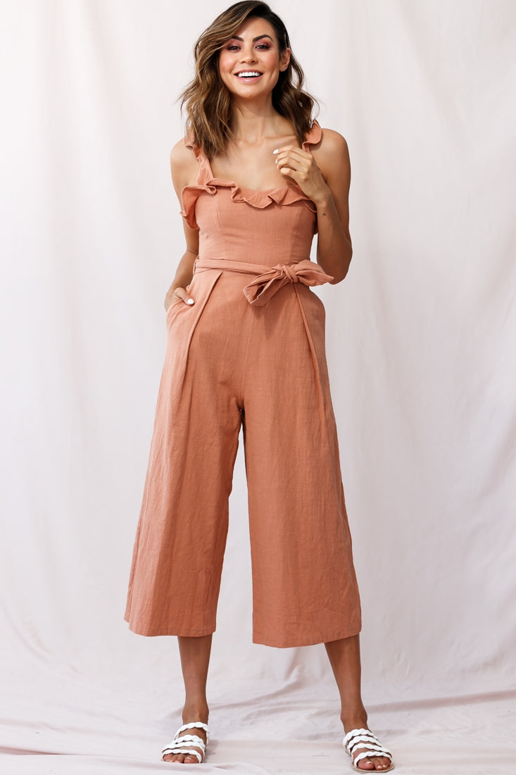 Kaia Ruffle Strap Wide-Leg Capri Jumpsuit Tan by Selfie Leslie