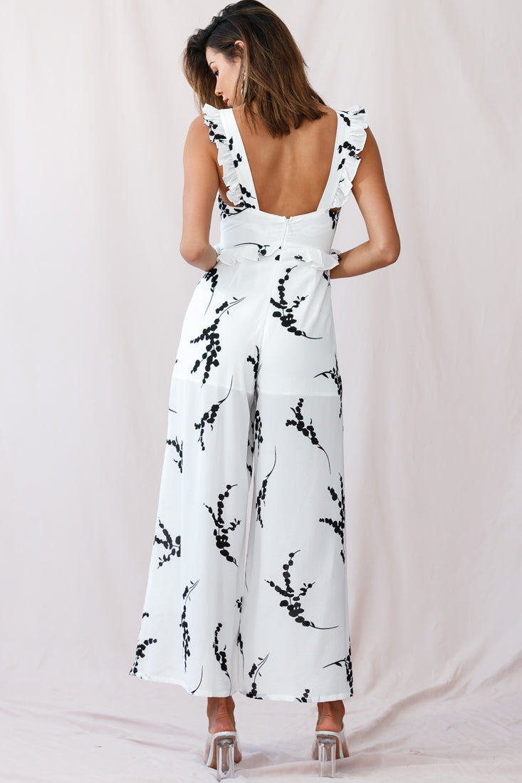 Azure Frill Strap Wide Leg Jumpsuit Floral Print White by Selfie Leslie