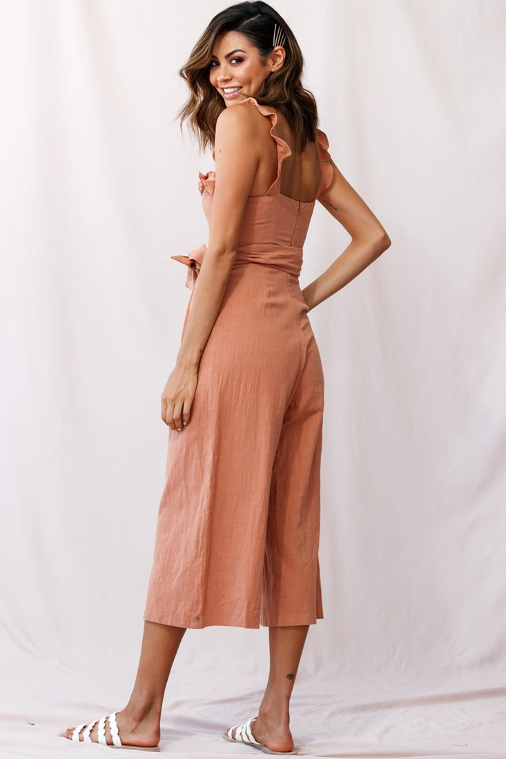 Kaia Ruffle Strap Wide-Leg Capri Jumpsuit Tan by Selfie Leslie