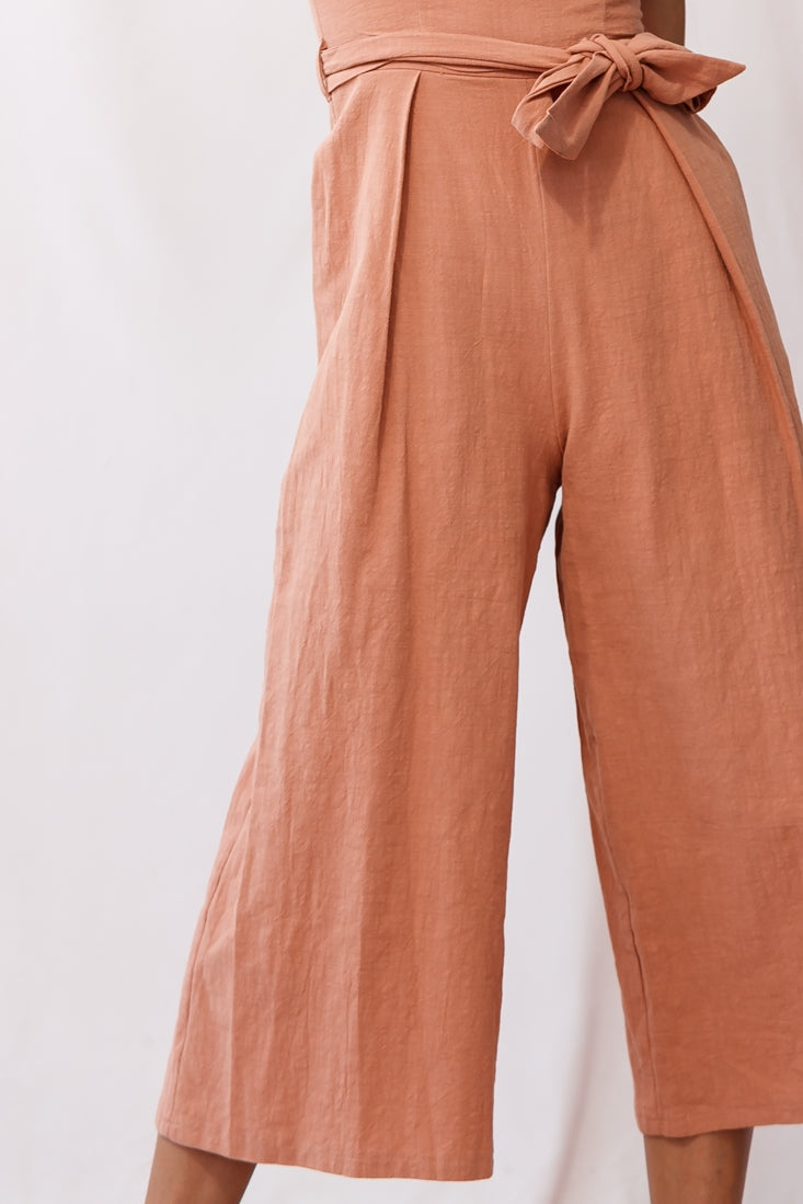 Kaia Ruffle Strap Wide-Leg Capri Jumpsuit Tan by Selfie Leslie