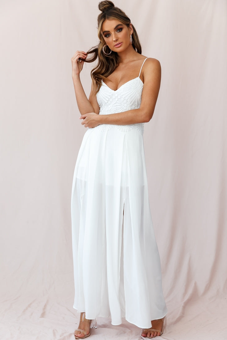 Ada Appliqué Embroidery Bust Wide Leg Jumpsuit White by Selfie Leslie