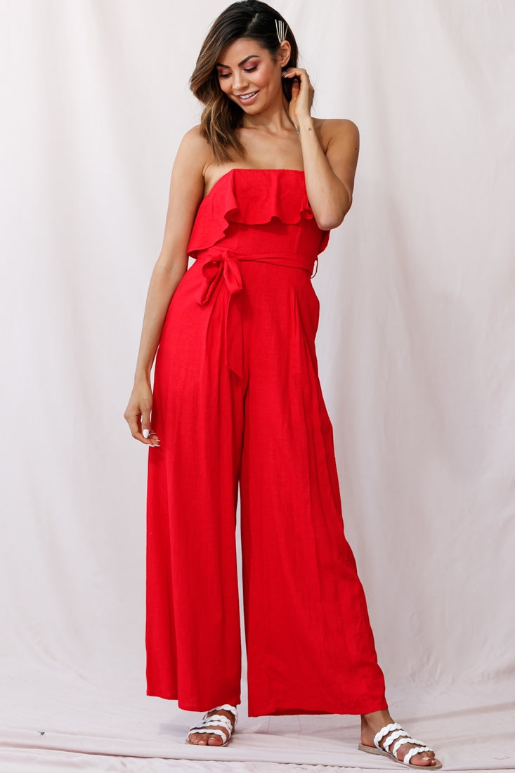 Hamilton Bandeau Ruffle Wide Leg Jumpsuit Red by Selfie Leslie