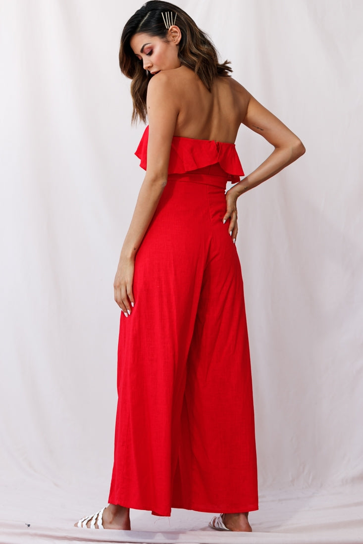 Hamilton Bandeau Ruffle Wide Leg Jumpsuit Red by Selfie Leslie