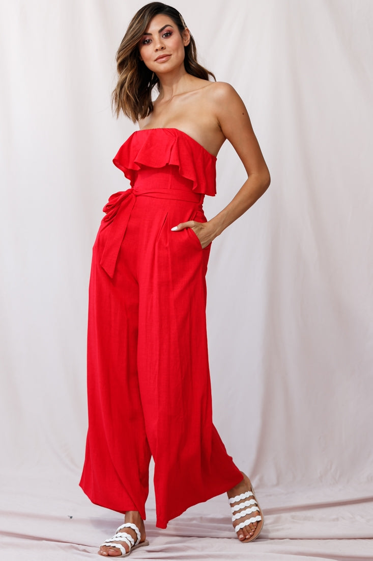 Hamilton Bandeau Ruffle Wide Leg Jumpsuit Red by Selfie Leslie