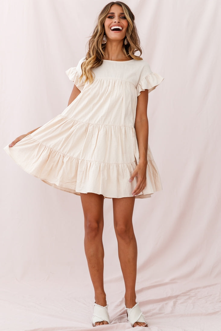 Hyacinth Ruffle Sleeve Smock Dress Beige by Selfie Leslie