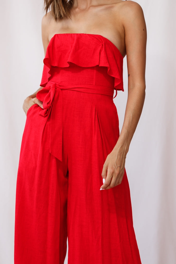 Hamilton Bandeau Ruffle Wide Leg Jumpsuit Red by Selfie Leslie