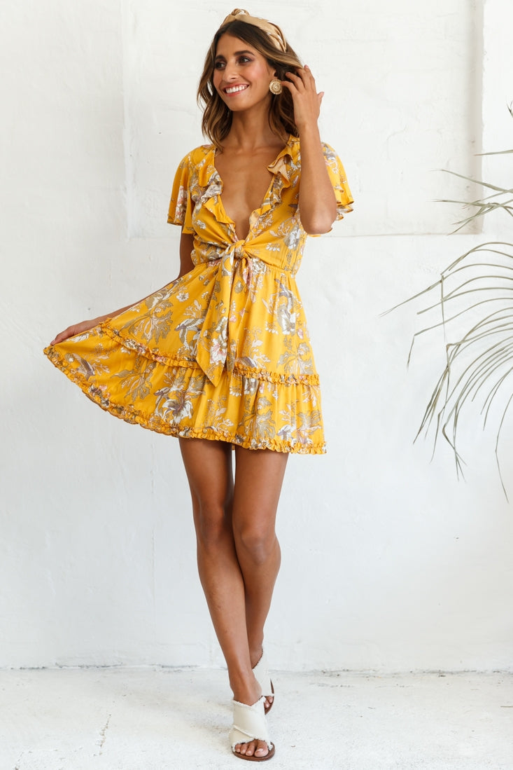 Sunny Daze Angel Sleeve Tie-Knot Bust Floral Print Dress Mustard by Selfie Leslie