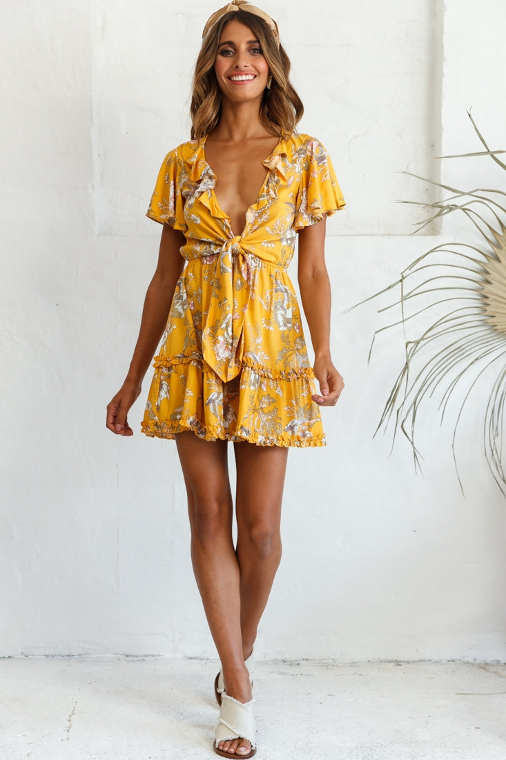 Sunny Daze Angel Sleeve Tie-Knot Bust Floral Print Dress Mustard by Selfie Leslie