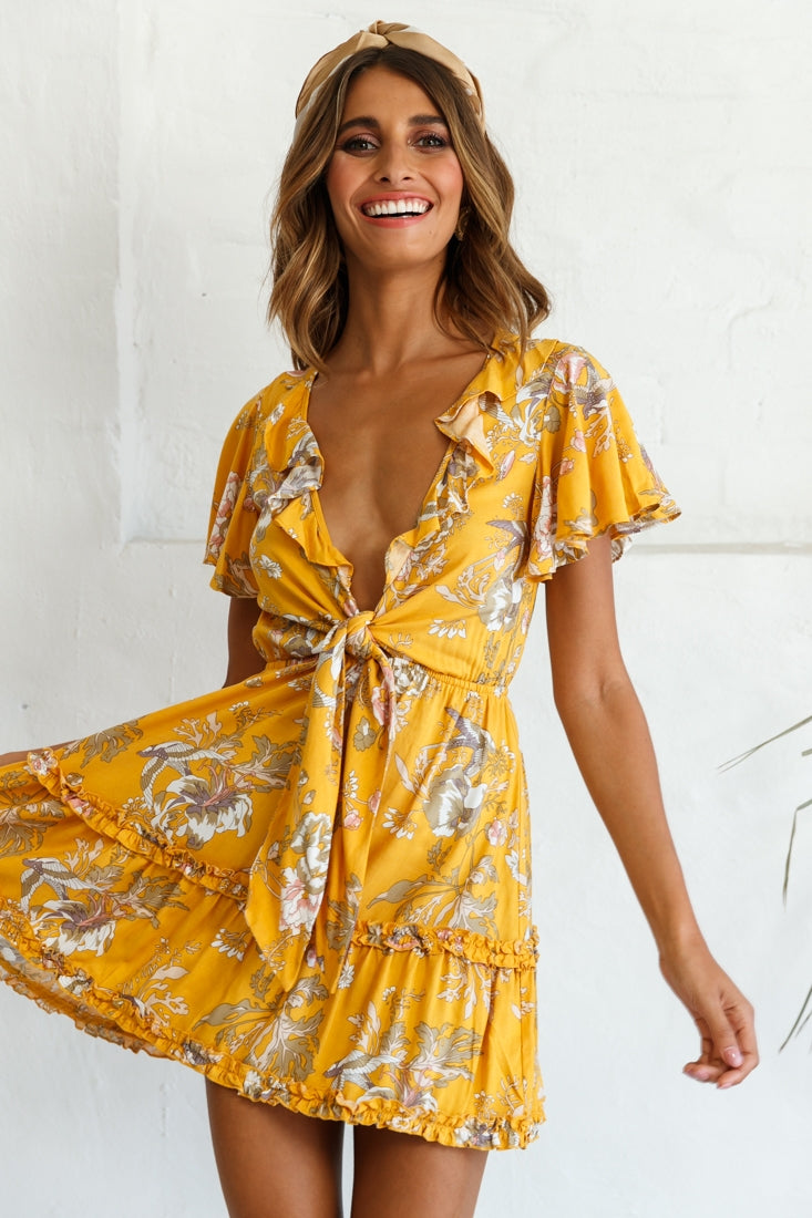 Sunny Daze Angel Sleeve Tie-Knot Bust Floral Print Dress Mustard by Selfie Leslie