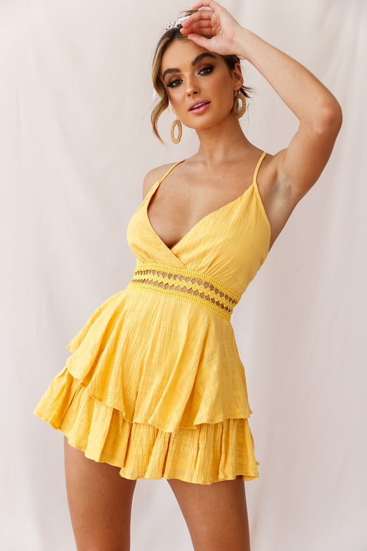 Maybe Baby Lace Trim Fluted Hem Romper Mustard by Selfie Leslie