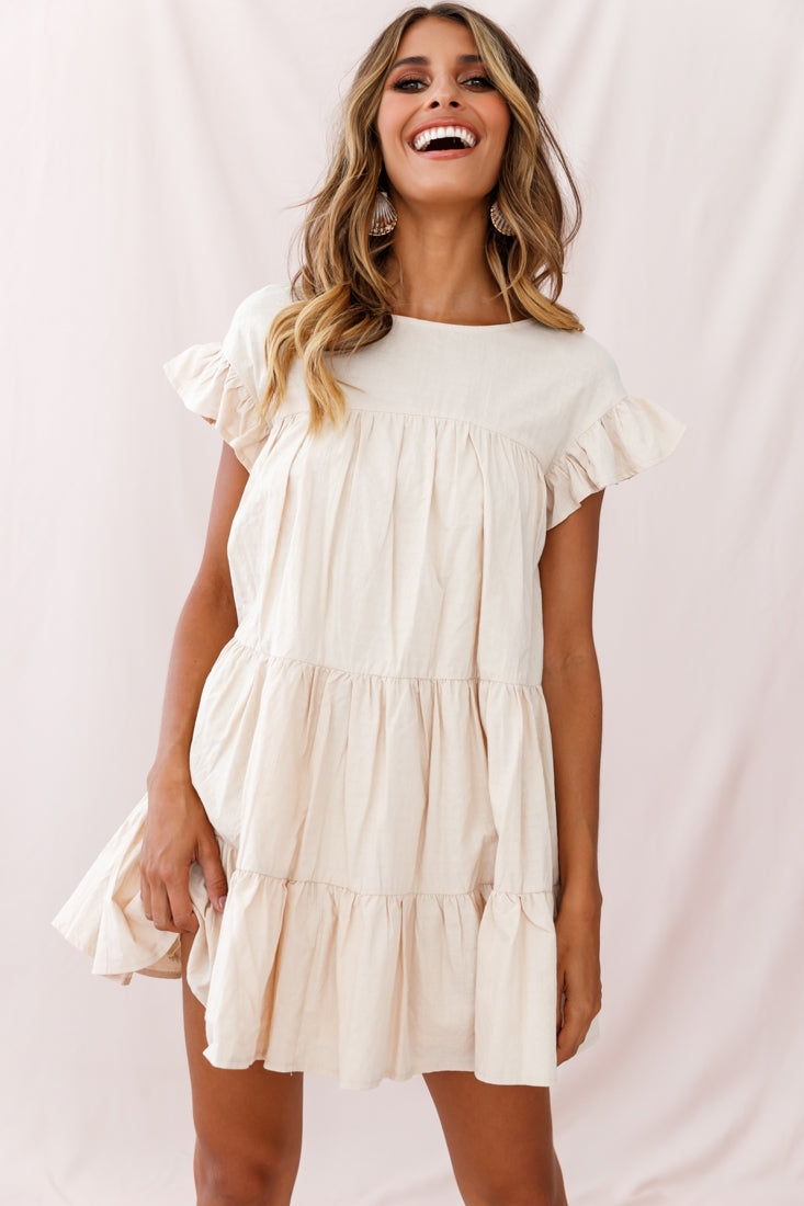 Hyacinth Ruffle Sleeve Smock Dress Beige by Selfie Leslie